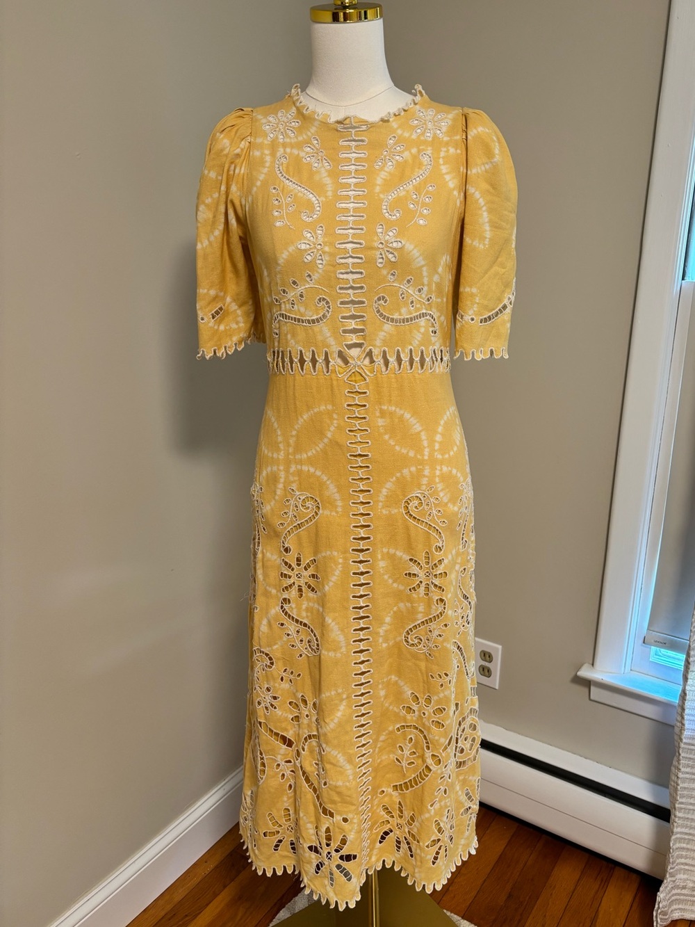 Sea New York Yellow Embroidered Tie Dye Midi Dress Size 2 Cotton Eyelet Puff